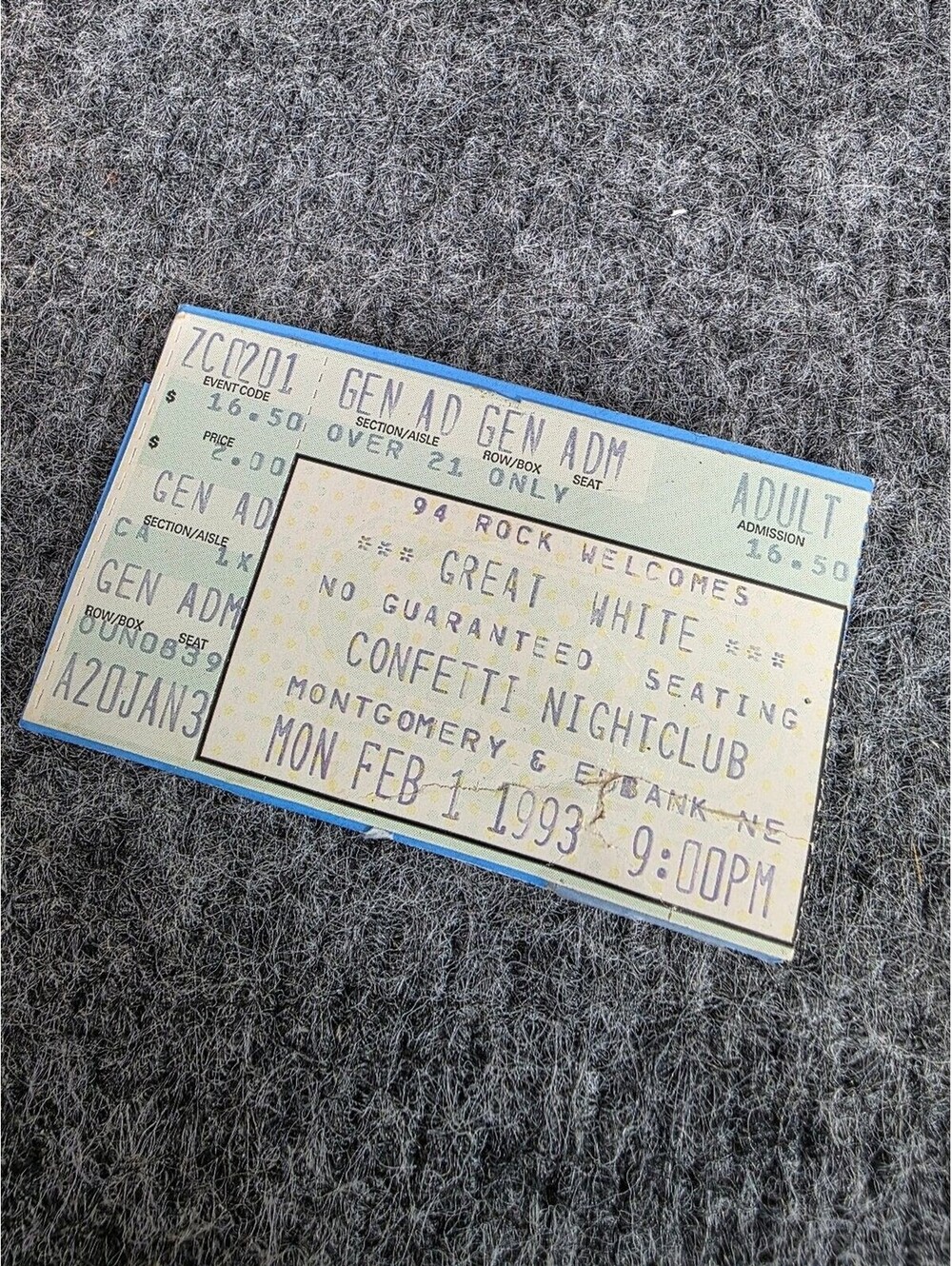 Great White Concert Ticket Confetti Nightclub Feb 1 1993 9PM
